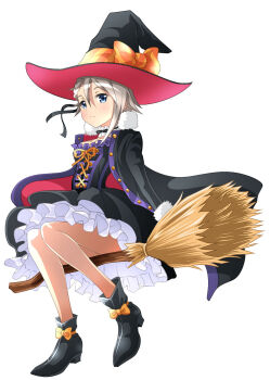 Rule 34 | 1girl, ange (princess principal), black boots, black cape, black dress, black hat, black ribbon, blue eyes, boots, bow, braid, braided bangs, breasts, cape, dress, female focus, full body, hair between eyes, hair ribbon, hat, hat bow, high heel boots, high heels, highres, layered dress, medium breasts, orange bow, orange ribbon, princess principal, ribbon, short hair with long locks, silver hair, simple background, sitting, solo, striped bow, striped ribbon, taniguchi gou, white background, witch hat