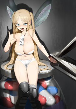 1girl absurdres armor armored_boots bare_shoulders blonde_hair blue_eyes blush boots breasts cleavage commentary fairy fairy_wings greaves highres holding k_hottok knee_pads large_breasts long_hair looking_at_viewer nail_clippers navel open_mouth original parted_bangs pointy_ears shin_guards sitting smile solo sweat tearing_up trembling twintails two_side_up v-shaped_eyebrows very_long_hair wings