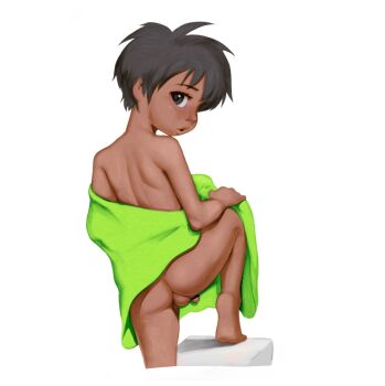 1boy ass bar_censor barefoot black_hair brown_eyes censored dark-skinned_male dark_skin fanbox_reward flaccid highres knee_up leg_up looking_at_viewer looking_back looking_over_shoulder lunaflame male_focus open_mouth original paid_reward paid_reward_available penis penis_peek seductive_gaze shota solo solo_focus tan testicles towel towel_around_waist variant_set white_background
