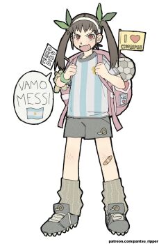 1girl 2022_fifa_world_cup absurdres argentina argentinian_flag argentinian_flag_print artist_name bakemonogatari ball bracelet bracket fang flag_print flying_sweatdrops full_body hachikuji_mayoi highres injury jewelry looking_at_viewer monogatari_(series) open_mouth pantsu-ripper red_eyes shirt short_shorts shorts simple_background skin_fang soccer soccer_ball soccer_uniform socks spanish_text speech_bubble sportswear standing striped_clothes striped_shirt stuffed_animal stuffed_toy translated twintails vertical-striped_clothes vertical-striped_shirt white_background world_cup