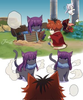 :t absurdres anger_vein animal animalization blank_speech_bubble blunt_bangs book cat clone clothed_animal commentary fern_(sousou_no_frieren) flying_sweatdrops frieren grey_hair highres holding holding_shovel j_humbo long_hair mimic mimic_chest multicolored_hair no_humans outdoors pillar purple_eyes purple_hair red_hair scarf shovel sousou_no_frieren speech_bubble stark_(sousou_no_frieren) symbol-only_commentary thought_bubble treasure_chest two-tone_hair