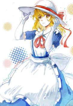 1girl apron back_bow blonde_hair blue_dress blush bow chinese_commentary closed_mouth commentary_request dress elbow_gloves ge_dazuo gloves hat hat_bow highres kana_anaberal long_hair looking_at_viewer puffy_short_sleeves puffy_sleeves red_bow short_sleeves solo sun_hat touhou touhou_(pc-98) white_apron white_bow white_gloves white_hat yellow_eyes