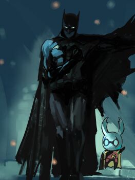 2boys absurdres animal_print bat_print batman batman_(series) black_bodysuit black_cape black_gloves black_theme blurry blurry_background bodysuit cape chibi commentary crossover dc_comics emptiart english_commentary full_body gloves highres hollow_knight hollow_knight:_silksong horns knight_(hollow_knight) male_focus mask multiple_boys muscular muscular_male robin_(dc) standing superhero_costume white_eyes yellow_cape