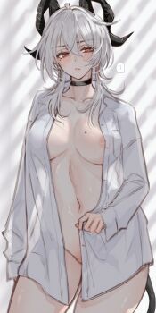 ... 1girl areola_slip black_choker black_horns black_tail blush breasts breasts_apart choker closed_mouth collarbone collared_shirt commentary_request cowboy_shot curled_horns earrings hair_between_eyes highres horns jewelry key_earrings large_breasts linea_alba long_hair long_sleeves looking_at_viewer mole mole_on_breast mole_under_eye multicolored_hair naked_shirt navel open_clothes open_shirt red_eyes root_(050710root) shirt solo spoken_ellipsis stomach streaked_hair tail thighs white_shirt wuthering_waves zani_(wuthering_waves)