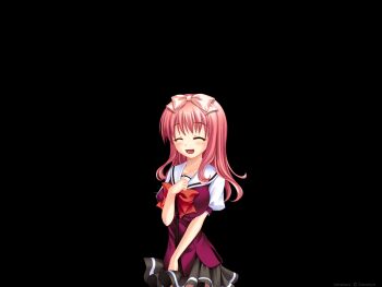 1girl :d ^_^ asahina_hiyori_(hara_hara!!) black_background blush bow bowtie breasts clenched_hand closed_eyes collarbone cowboy_shot fumizuki_yukari game_cg grey_skirt hair_between_eyes hair_bow hand_on_own_chest hand_up hara_hara!! large_breasts large_variant_set long_hair miniskirt non-web_source open_mouth pink_bow pink_hair pleated_skirt puffy_short_sleeves puffy_sleeves red_bow sailor_collar school_uniform serafuku short_sleeves simple_background skirt smile solo standing tachi-e tareme variant_set white_sailor_collar