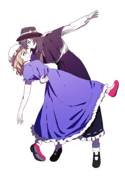 2girls absurdres black_capelet black_hat black_shoes black_skirt blonde_hair bow brown_eyes brown_hair buttons capelet collared_dress commentary_request dorupi dress dress_shirt fedora frilled_dress frilled_skirt frills from_side full_body hand_on_another's_back hand_on_another's_shoulder hat hat_bow high-waist_skirt highres long_sleeves looking_at_another magical_astronomy maribel_hearn mary_janes medium_hair mob_cap multiple_girls open_mouth purple_dress red_shoes ribbon-trimmed_capelet ribbon-trimmed_skirt ribbon_trim shirt shirt_tucked_in shoes short_sleeves skirt smile socks standing standing_on_one_leg touhou usami_renko white_bow white_shirt white_socks yellow_eyes