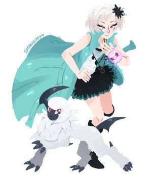Rule 34 | 1girl, absol, aqua eyes, aqua jacket, artist name, black boots, black flower, black skirt, blush, boots, bracelet, bright pupils, claws, closed mouth, commentary, crossover, english commentary, eyelashes, fan request, flower, gen 3 pokemon, glowing, hair flower, hair ornament, hand on own hip, horns, jacket, jewelry, joypandaah, kyokugen dasshutsu, kyokugen dasshutsu adv: zennin shibou desu, mega ring, mega stone, necklace, nintendo, open clothes, open jacket, phi (kyokugen dasshutsu), pokemon, pokemon (creature), red eyes, shirt, short hair, simple background, single horn, skirt, sleeveless, sleeveless jacket, sleeveless shirt, smile, tumblr ask, white background, white hair, white pupils, white shirt