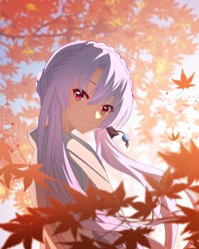 1girl absurdres autumn_leaves blue_hair blurry blurry_background braid closed_mouth commentary_request crown_braid day depth_of_field eyelashes falling_leaves floating_hair from_side hair_between_eyes hair_bun highres kafu_koko leaf long_hair maple_leaf outdoors red_eyes sidelocks single_hair_bun smile solo sorakado_ao split_mouth summer_pockets upper_body very_long_hair