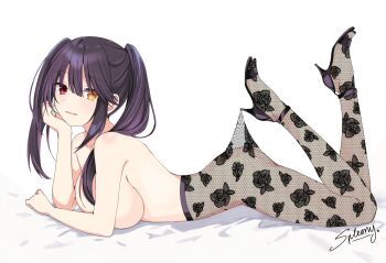 bed black_hair clock_eyes date_a_live from_side full_body high_heels highres nude open_mouth red_eyes spleeny symbol-shaped_pupils tokisaki_kurumi tsunako twintails