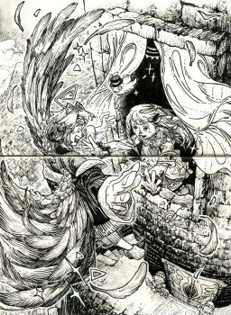 Rule 34 | 2girls, 2others, ange katrina, ange katrina (1st costume), angel wings, armband, commentary request, crease, creature, curtains, falling feathers, fantasy, feathered wings, feathers, fisheye, flying, greyscale, guard, halo, hatching (texture), highres, linear hatching, lize helesta, lize helesta (1st costume), long hair, long sleeves, looking at another, monochrome, multiple girls, multiple others, nijisanji, open mouth, outstretched arms, ponytail, reaching, reaching towards another, scan, short ponytail, shou-star, smile, sparkle, spiral-shaped halo, tower, traditional media, virtual youtuber, window, wings