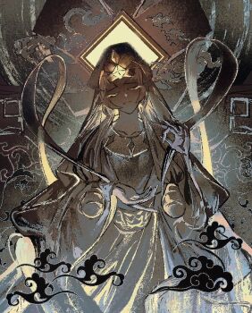 Rule 34 | 1girl, chinese clothes, cookie run, cookie run: kingdom, dark background, diamond (gemstone), highres, long sleeves, mystic flour cookie, pale skin, pcacao, robe, smoke, solo, veil, white hair, white robe, white veil, wide sleeves