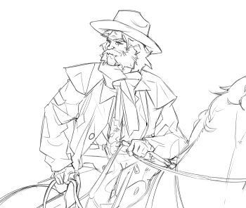 1boy absurdres clothing_request cowboy cowboy_hat cowboy_shot disco_elysium facial_hair greyscale hair_slicked_back harry_du_bois hat highres holding holding_reins horrific_necktie horse looking_to_the_side male_focus monochrome mullet mutton_chops reins scarf sitting smirk solo thatuglymeme western