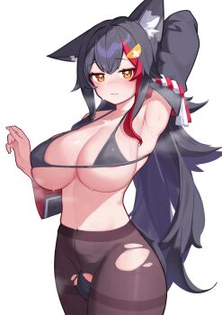 1girl absurdres animal_ear_fluff animal_ears arm_up armpit_crease armpits bikini bikini_top_only black_bikini black_hair black_pantyhose breasts closed_mouth clothing_cutout commentary_request crotch_cutout deaver detached_sleeves highres hololive large_breasts long_hair looking_at_viewer micro_bikini multicolored_hair navel ookami_mio ookami_mio_(1st_costume) orange_eyes paid_reward_available pantyhose red_hair simple_background one_ear_down solo steaming_body streaked_hair sweat swimsuit tail thighband_pantyhose torn_clothes torn_pantyhose virtual_youtuber white_background wolf_ears wolf_girl wolf_tail