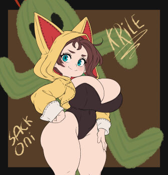1girl alternate_breast_size_(larger) animal_ear_hood animal_ears artist_name black_leotard blue_eyes blush breasts brown_hair character_name closed_mouth clover_hair_ornament fake_animal_ears final_fantasy final_fantasy_xiv four-leaf_clover_hair_ornament from_side hair_ornament hand_on_own_hip highres hood hoodie huge_breasts krile_baldesion_(ff14) lalafell leotard looking_at_viewer playboy_bunny sabotender sackoni short_hair smile solo wide_hips yellow_hoodie