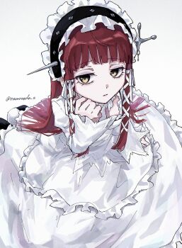 Rule 34 | 1girl, absurdres, blunt bangs, closed mouth, commentary request, dress, feet out of frame, frilled hairband, frills, gradient hair, hair ornament, hair ribbon, hairband, highres, lolita fashion, long hair, long sleeves, looking at viewer, multicolored hair, persona, persona 3, ramoredo, red hair, ribbon, sidelocks, solo, twitter username, white dress, white hairband, white ribbon, yellow eyes, yoshino chidori