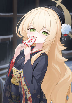 1girl absurdres alternate_costume beret black_hat black_kimono blonde_hair blue_archive blurry blurry_background commentary_request floral_print floral_print_kimono flower fluffy_hair green_eyes hair_flower hair_ornament halo hat highres holding holding_omikuji japanese_clothes kimono long_hair obi obijime omikuji print_kimono professor_niyaniya_(blue_archive) sash side_ahoge smug upper_body very_long_hair white_flower yellow_halo yukihara_(jeffery201010)