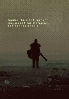 1other armor bone dark dead_grass dithering english_text fog from_behind highres holding holding_shield holding_sword holding_weapon muted_color onlypixeeels original outdoors pixel_art scenery shield silhouette skull sword wasteland weapon