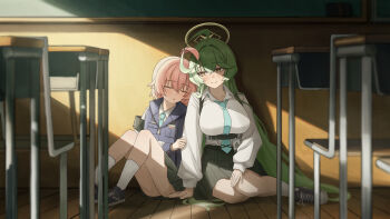 2girls absurdly_long_hair absurdres ahoge arm_at_side armband black_armband black_shoes black_skirt blue_archive blue_necktie blurry blush breasts bulletproof_vest classroom closed_eyes closed_mouth commentary cross-laced_shoes depth_of_field doumu_(31678316) full_body green_hair hair_intakes halo highres hoshino_(blue_archive) hoshino_(first_year)_(blue_archive) huge_ahoge id_card indoors kneehighs knees_up large_breasts leaning_on_person leaning_to_the_side long_hair looking_to_the_side miniskirt multiple_girls necktie open_mouth pink_hair plaid_clothes plaid_skirt school_uniform shirt_tug shoes short_hair side-by-side sitting skirt sleeping smile sneakers socks very_long_hair white_socks yellow_eyes yellow_halo yume_(blue_archive)