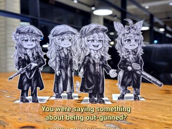 Rule 34 | 4girls, animal ears, bolt action, coat, commentary, corrupted twitter file, english commentary, english text, flower, fox ears, fox girl, fox tail, fur-trimmed coat, fur trim, gun, hair flower, hair ornament, hat, highres, hololive, jqhnharqld, lee-enfield, lewis gun, light machine gun, lion girl, lion tail, machine gun, momosuzu nene, multiple girls, nepolabo, omaru polka, paper child, papercraft (medium), parody, peaked cap, peaky blinders, photo (medium), pointy ears, rifle, shishiro botan, submachine gun, tail, unconventional media, vest, virtual youtuber, weapon, yukihana lamy