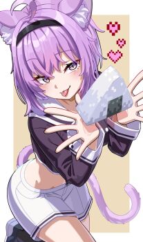 1girl ahoge animal_ear_fluff animal_ears cat_ears cat_girl cat_tail closed_mouth commentary_request food highres hololive looking_at_viewer medium_hair nekomata_okayu nekomata_okayu_(school_uniform) official_alternate_costume onigiri purple_eyes purple_hair purple_shirt shirt shoes shorts smile solo tail tomato_matoma tongue tongue_out virtual_youtuber white_shoes white_shorts