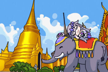 1girl 2others bing_huyue blue_sky blush_stickers buddhism chest_jewel chibi closed_eyes cloud cloudy_sky elephant elephant_tail gem gem_hair_ornament hand_jewel highres hololive hololive_english koseki_bijou koseki_bijou_(casual) lying multiple_others on_side pebble_(koseki_bijou) purple_gemstone purple_shoes reclining shoes sky stupa temple thailand vegetation virtual_youtuber wat_pho