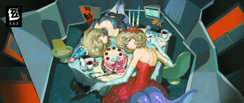 2girls bare_shoulders black_dress blonde_hair cake candle cherry cup dress elbow_gloves food fruit gloves hat highres indoors jewelry looking_at_viewer multiple_girls multiple_persona necklace official_art party_hat pearl_necklace red_dress short_hair strapless strapless_dress table teacup television tentacle_girl tentacles white_gloves yidhari_murphy zenless_zone_zero
