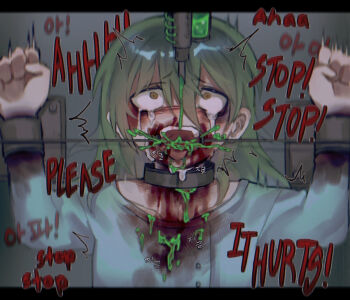 1boy aged_down blood blood_on_body blood_on_face blood_on_neck blood_trail corpse crying crying_with_eyes_open empty_eyes green_hair guro korean_text male male_focus necrophilia netzach_(project_moon) orange_eyes project_moon restrained restraints shirt shota snuff solo solo_focus stationary_restraints suspension t-shirt tears tongue tongue_out torture torture_instruments xvyyona