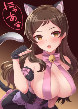 1girl :o animal_ears bell black_gloves blush bow bowtie breasts brown_eyes brown_hair cat_ears cat_girl cat_tail commentary_request dan_(orange_train) detached_sleeves fingerless_gloves gloves hand_up highres idolmaster idolmaster_million_live! idolmaster_million_live!_theater_days kitazawa_shiho large_breasts long_hair neck_bell open_mouth paw_pose pink_bow pink_bowtie puffy_detached_sleeves puffy_sleeves revealing_clothes solo tail upper_body