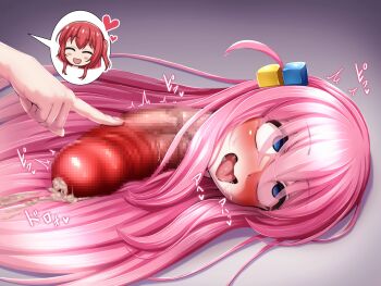 2024 after_ejaculation ahegao blue_eyes blush bocchi_the_rock! cum dickneck ejaculation gotoh_hitori grey_background hair_ornament handsfree_ejaculation heart highres kita_ikuyo long_hair monme on_floor open_mouth penis pink_hair red_hair simple_background speech_bubble tongue tongue_out transformation what yellow_eyes