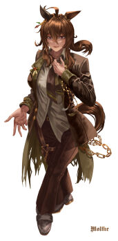 Rule 34 | 1girl, absurdres, ahoge, animal ears, black necktie, black pants, breasts, brown hair, closed mouth, collared shirt, commentary request, ear covers, full body, hair between eyes, highres, horse ears, horse girl, horse tail, jacket, long hair, long sleeves, looking at viewer, moltke (moltke von), nakayama festa (festival game) (umamusume), nakayama festa (umamusume), necktie, open clothes, open jacket, pants, purple eyes, shirt, shoes, simple background, single ear cover, smile, solo, tail, umamusume, white background