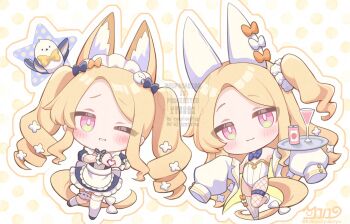 1girl apron asymmetrical_legwear blonde_hair blue_archive chibi commentary_request fishnet_pantyhose fishnets long_hair looking_at_viewer maid maid_apron maid_headdress nanopai_kakumeikokonoyu pantyhose pink_eyes seia_(blue_archive) side_ponytail single_sock single_thighhigh socks thighhighs twintails uneven_legwear white_apron white_headdress white_socks white_thighhighs