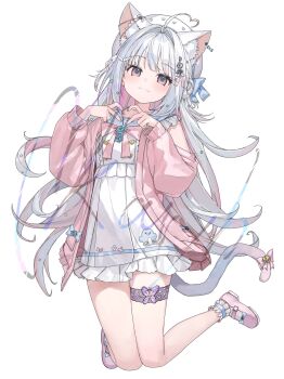 1girl ahoge animal_ear_fluff animal_ears beret blue_bow blush bow bowtie braid cardigan cat_ears cat_girl cat_tail closed_mouth dress frilled_dress frilled_thigh_strap frills full_body grey_hair hair_ornament hat heart heart_ahoge heart_hair_ornament heart_hands highres jacket karyln long_hair long_sleeves looking_at_viewer multicolored_hair open_cardigan open_clothes open_jacket original pink_bow pink_eyes pink_hair pink_jacket sailor_collar sample_watermark shoes simple_background smile socks solo tail tail_bow tail_ornament thigh_strap very_long_hair virtual_youtuber watermark white_background white_dress white_hair white_socks