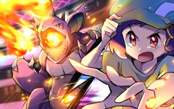 1girl ayo_(ayosanri009) blossom_(pokemon) blurry commentary_request fire fire_blast_(pokemon) gen_1_pokemon green_headwear green_shirt hair_ornament hairclip hand_on_headwear hands_up hat nidoking nintendo open_mouth pokemon pokemon_(anime) pokemon_(creature) poketoon purple_hair red_eyes shirt short_hair short_sleeves spread_fingers stadium tongue v-shaped_eyebrows