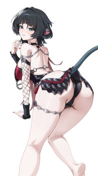 1girl absurdres animal_ears ass ass_focus backless_outfit bare_shoulders barefoot black_hair black_one-piece_swimsuit breasts cameltoe commentary_request green_eyes highres jane_doe_(nocturne_of_light)_(zenless_zone_zero) jane_doe_(zenless_zone_zero) long_hair looking_at_viewer looking_back medium_breasts mouse_ears mouse_girl mouse_tail multicolored_hair no_shoes official_alternate_costume one-piece_swimsuit parted_lips red_hair red_one-piece_swimsuit simple_background smile solo swimsuit tail thigh_strap thighs two-tone_one-piece_swimsuit white_background zenless_zone_zero zhudouzi