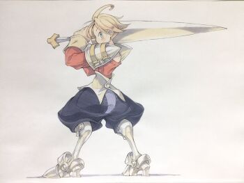 1boy ahoge armor armored_boots blonde_hair blue_shorts boots commentary_request full_body greatsword green_eyes gustave_xiii hands_up highres holding holding_sword holding_weapon looking_at_viewer looking_to_the_side male_focus peter_salt poleyn puffy_shorts red_shirt saga saga_frontier_2 shirt shorts shoulder_armor sleeve_cuffs solo standing sword traditional_media two-handed weapon white_background