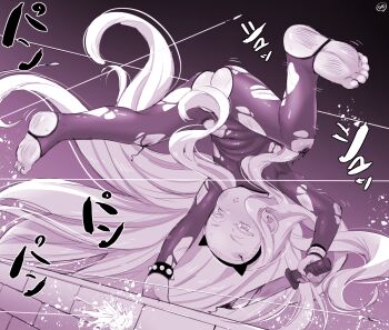 1girl arianna_seya(born-to-die) ass bleeding blood blush bodysuit born-to-die bracelet brick_wall bullet convenient_censoring fake_horns firing flat_chest hair_censor hair_over_crotch handstand holding holding_knife horns injury jewelry knife loli long_hair monochrome open_mouth original scraped_knee spiked_bracelet spikes toeless_bodysuit torn_bodysuit torn_clothes upside-down watch wristwatch