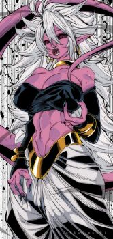 1girl abs android_21 artist_name bare_shoulders black_sleeves black_tube_top bracelet breasts cleavage colored_skin commentary covered_erect_nipples detached_sleeves dragon_ball dragon_ball_fighterz earrings gold_bracelet hair_between_eyes highres hoop_earrings jewelry kinakomochi_(user_vedc2333) large_breasts long_hair looking_at_viewer majin_android_21 midriff navel open_mouth pants pink_skin pointy_ears red_eyes solo strapless tail tube_top white_hair white_pants