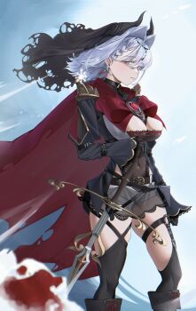 1girl absurdres alternate_costume alternate_form alternate_hair_color belt black_gloves black_skirt black_thighhighs black_veil boots bow bowtie braid braided_bangs breasts brooch cape cleavage cleavage_cutout clothing_cutout commentary covered_navel demon_horns earrings eipanguino framed_breasts gem gloves hair_between_eyes hair_intakes hair_ornament hand_on_weapon highres hololive hololive_english horns jewelry juliet_sleeves large_breasts long_sleeves looking_at_viewer medium_hair o-ring orange_eyes ouro_kronii puffy_sleeves red_bow red_bowtie red_cape red_gemstone see-through_clothes see-through_skirt shorts shorts_under_skirt skirt solo standing sword thighhighs torn_cape torn_clothes torn_veil veil virtual_youtuber weapon white_hair white_shorts