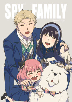 1boy 2girls ^_^ adoptive_parent_and_adoptive_child animal animal_hug anya_(spy_x_family) argyle_cardigan argyle_clothes argyle_sweater black_hair black_shoes blonde_hair blue_jacket blue_pants blue_skirt blush bond_(spy_x_family) breasts buttons child closed_eyes collared_shirt copyright_name f11417073 facing_viewer family father_and_daughter formal_clothes gold_necklace grey_background hairband hairpods hand_on_another's_shoulder jacket jewelry leaning_forward long_sleeves medium_breasts mother_and_daughter multiple_girls multiple_necklaces necklace open_clothes open_jacket open_mouth pants pink_hair shirt shoes short_hair short_hair_with_long_locks skirt smile spy_x_family suit suit_jacket sweater teeth twilight_(spy_x_family) twitter_username undershirt upper_teeth_only very_short_hair white_hairband white_shirt yor_briar