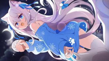 1girl absurdres animal_ears bag bare_shoulders blue_sweater blush bow cat_ears cat_tail commission fang hair_ribbon highres holding holding_bag long_hair long_sleeves looking_at_viewer off-shoulder_sweater off_shoulder open_mouth original panties plastic_bag pointy_ears ribbon shiro9jira shopping_bag skeb_commission smile snowflake_print sweater tail tail_bow tail_ornament underwear very_long_hair white_panties