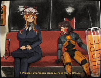 2girls armor black_hair black_necktie blonde_hair bow breasts cosplay formal_clothes frilled_bow frilled_hair_tubes frills g-man g-man_(cosplay) gordon_freeman gordon_freeman_(cosplay) hair_bow hair_ribbon hair_tubes hakurei_reimu half-life_(series) hat hev_suit highres lambda_symbol large_breasts long_hair looking_at_another looking_at_breasts mob_cap multiple_girls nagilamagykalz necktie one_eye_closed orange_armor pink_eyes red_bow ribbon sitting subway suit suitcase syringe touhou yakumo_yukari