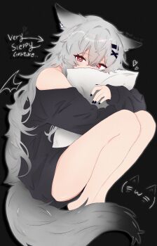 1girl absurdres animal_ears barefoot black_background black_nails black_sweater drawn_wings english_text fetal_position fox_ears fox_girl fox_tail full_body grey_hair heart highres hugging_object long_hair long_sleeves looking_at_viewer nyuh off_shoulder original pillow pillow_hug red_eyes sweater tail
