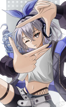 1girl absurdres artist_logo belt bow green_eyes grey_hair hair_between_eyes hair_bow headphones highres honkai:_star_rail honkai_(series) jacket logo long_hair looking_at_viewer morocha1130 navel one_eye_closed open_mouth silver_wolf_(honkai:_star_rail) solo stomach white_belt