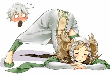 1boy 1girl blonde_hair bridal_gauntlets closed_eyes commission fire_emblem fire_emblem_awakening green_shoes jack-o&#039;_challenge lissa_(fire_emblem) male_robin_(fire_emblem) nintendo redkite333 shoes twintails