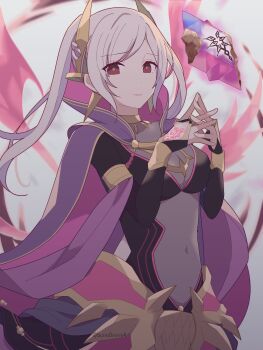 1girl 343rone absurdres breasts bridal_gauntlets cape cleavage closed_mouth covered_navel dark_persona female_robin_(fire_emblem) female_robin_(grima)_(fell_tactician)_(fire_emblem) female_robin_(grima)_(fire_emblem) fire_emblem fire_emblem_awakening fire_emblem_cipher fire_emblem_heroes highres jewelry large_breasts long_hair looking_at_viewer nintendo official_alternate_costume red_eyes see-through_cleavage see-through_clothes simple_background smile solo standing twintails white_background white_hair