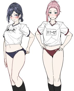 2girls blue_eyes blue_hair blush breasts buruma character_name circle_lpumpkin crop_top dead_or_alive dead_or_alive_xtreme dead_or_alive_xtreme_venus_vacation elise_(doa) embarrassed large_breasts multiple_girls pink_hair reika_(doa) shirt short_sleeves socks white_background