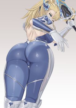 Rule 34 | 1girl, ass, blonde hair, blue bodysuit, blue horns, bodysuit, bodysuit pull, breasts, cameltoe, commentary, english commentary, from behind, from below, gloves, grey background, highres, holding, holding sword, holding weapon, horns, impossible bodysuit, impossible clothes, large breasts, long hair, mask, meme, mouth mask, propips, ragnarok sinmara, simple background, solo, sword, taimanin (series), taimanin suit, variant set, weapon, white gloves, wilhelmina stretch (meme)