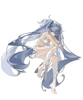 1girl absurdres bare_shoulders barefoot blue_eyes blue_hair breasts chinese_commentary closed_mouth commentary_request dududadududaqwq feet full_body hair_between_eyes highres invisible_chair iuno_(wuthering_waves) leg_wrap long_hair looking_at_viewer medium_breasts simple_background sitting solo thighs toes twintails very_long_hair white_background wuthering_waves