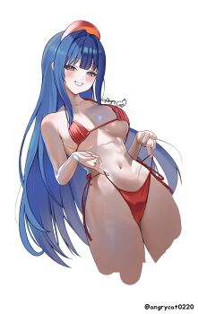 1girl absurdres alternate_costume angrycat_(tkuw2438) bare_shoulders bikini blue_eyes blush breasts collarbone cowboy_shot dutch_angle goddess_of_victory:_nikke halterneck highleg highleg_bikini highres long_hair looking_at_viewer navel red_bikini side-tie_bikini_bottom smile solo swimsuit thighs twitter_username