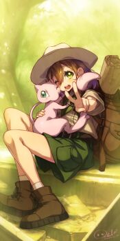Rule 34 | 1girl, ;d, backpack, bag, boots, brown bag, brown footwear, brown hair, budding expeditioner (pokemon), commentary request, day, eyelashes, gen 1 pokemon, green eyes, green necktie, green shorts, happy, hat, highres, holding, holding pokemon, legendary pokemon, looking at viewer, mew (pokemon), mythical pokemon, necktie, nintendo, one eye closed, open mouth, orcniteru, outdoors, pokemon, pokemon (creature), pokemon tcg, pokemon tcg pocket, scroll, shirt, short sleeves, shorts, signature, sitting, smile, socks, stairs, teeth, upper teeth only, v, white socks
